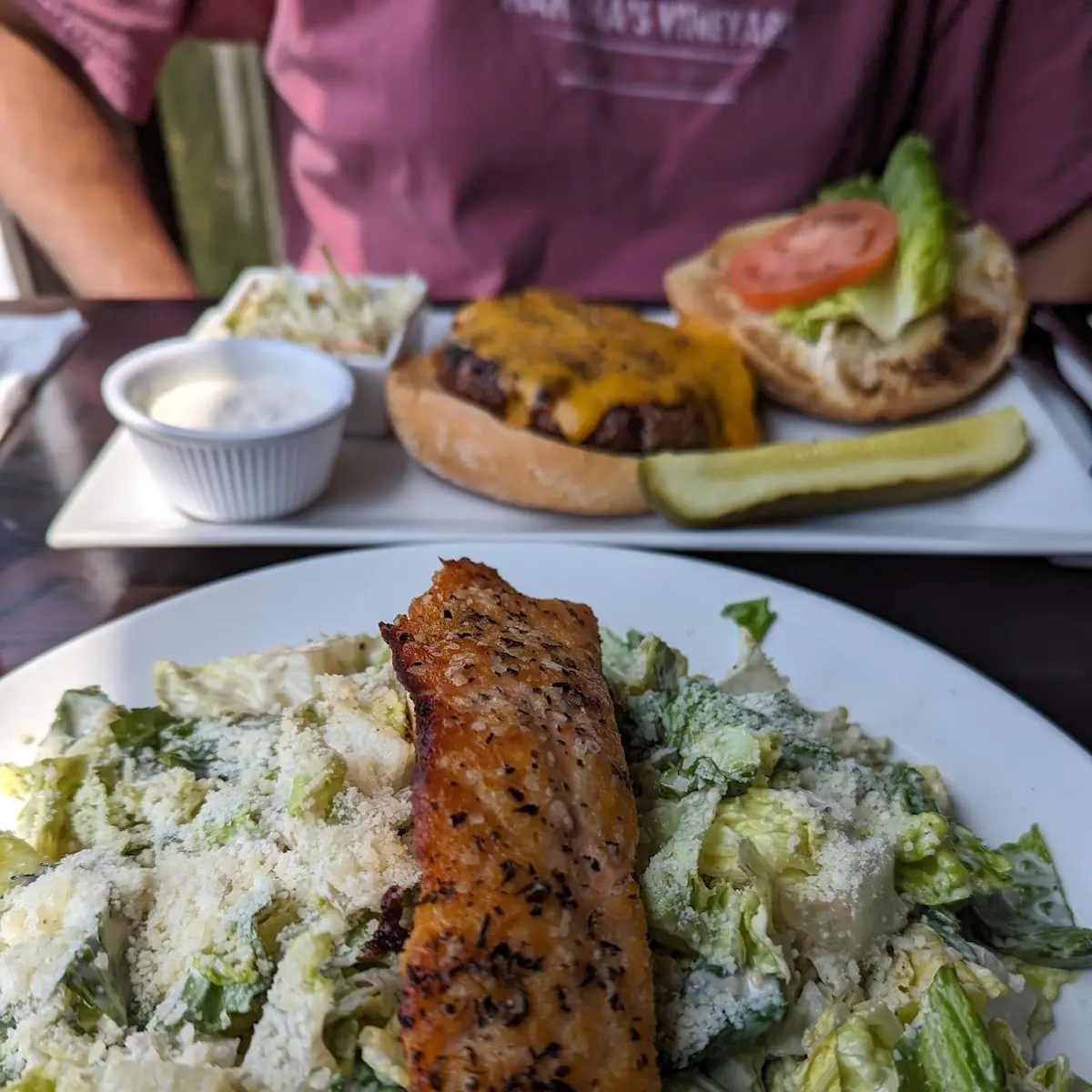 Salmon Caesar Salad and Cheeseburger