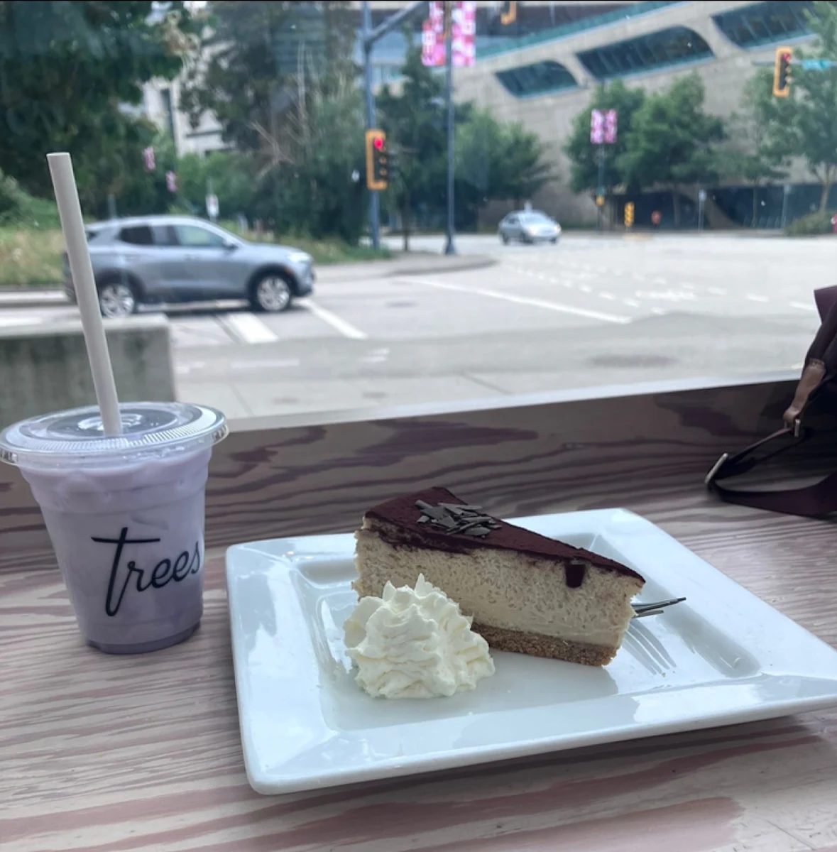 Taro Latte with Tiramisu Cheesecake, Trees Organic Coffee University Dr
