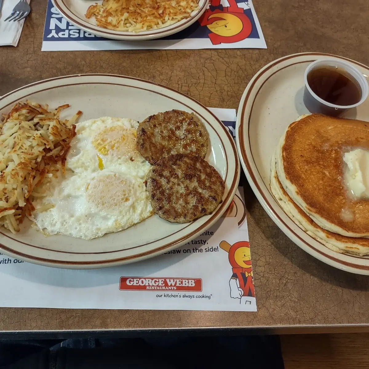 Hash Browns Fried Eggs Sausage Patties Wheatcakes