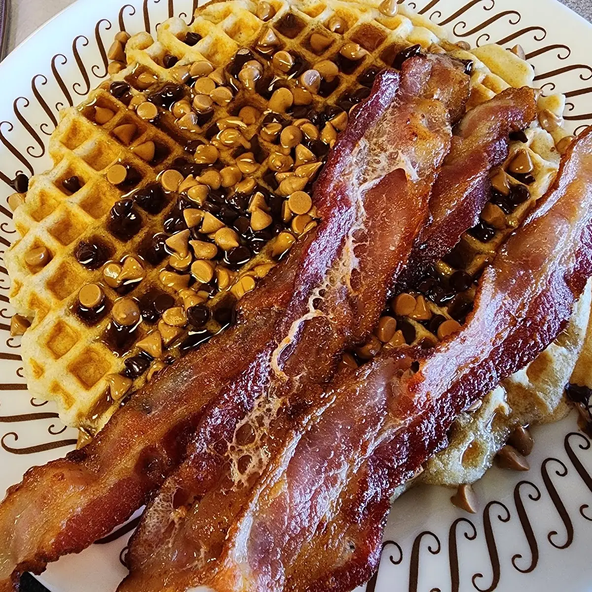 Waffle with Peanut Butter and Chocolate Chips and Bacon