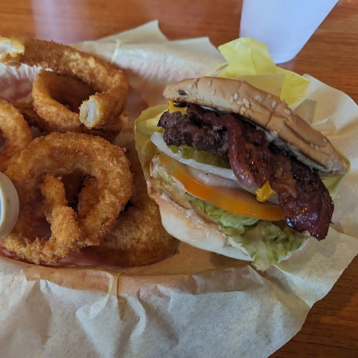 Bacon Cheeseburger and Onion Rings