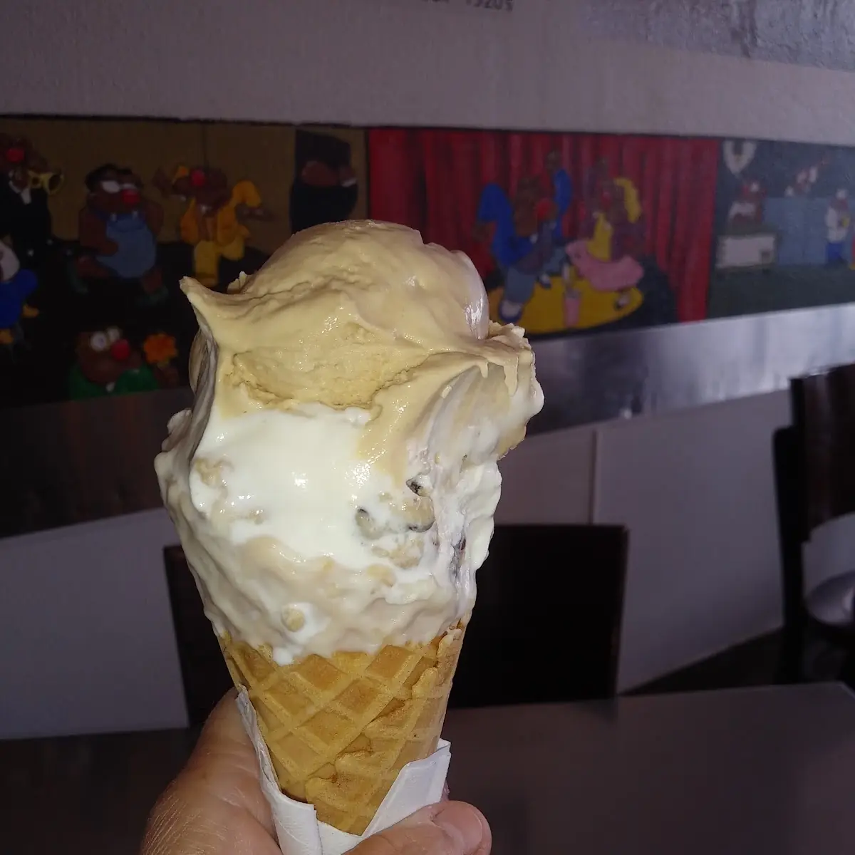 Vanilla Cookie Dough and Salted Caramel in a White Chocolate Dipped Waffle Xone