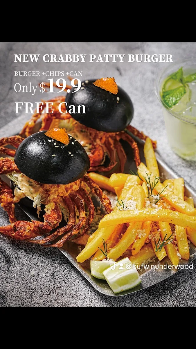 Crabs Burgers Fries, BUFWIN —chicken buffet & beer. Halal food