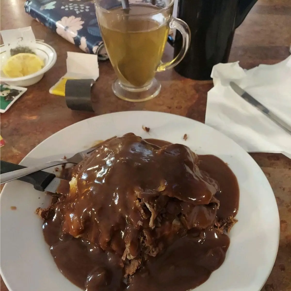 Mashed Potatoes Topped with Brisket and Gravy