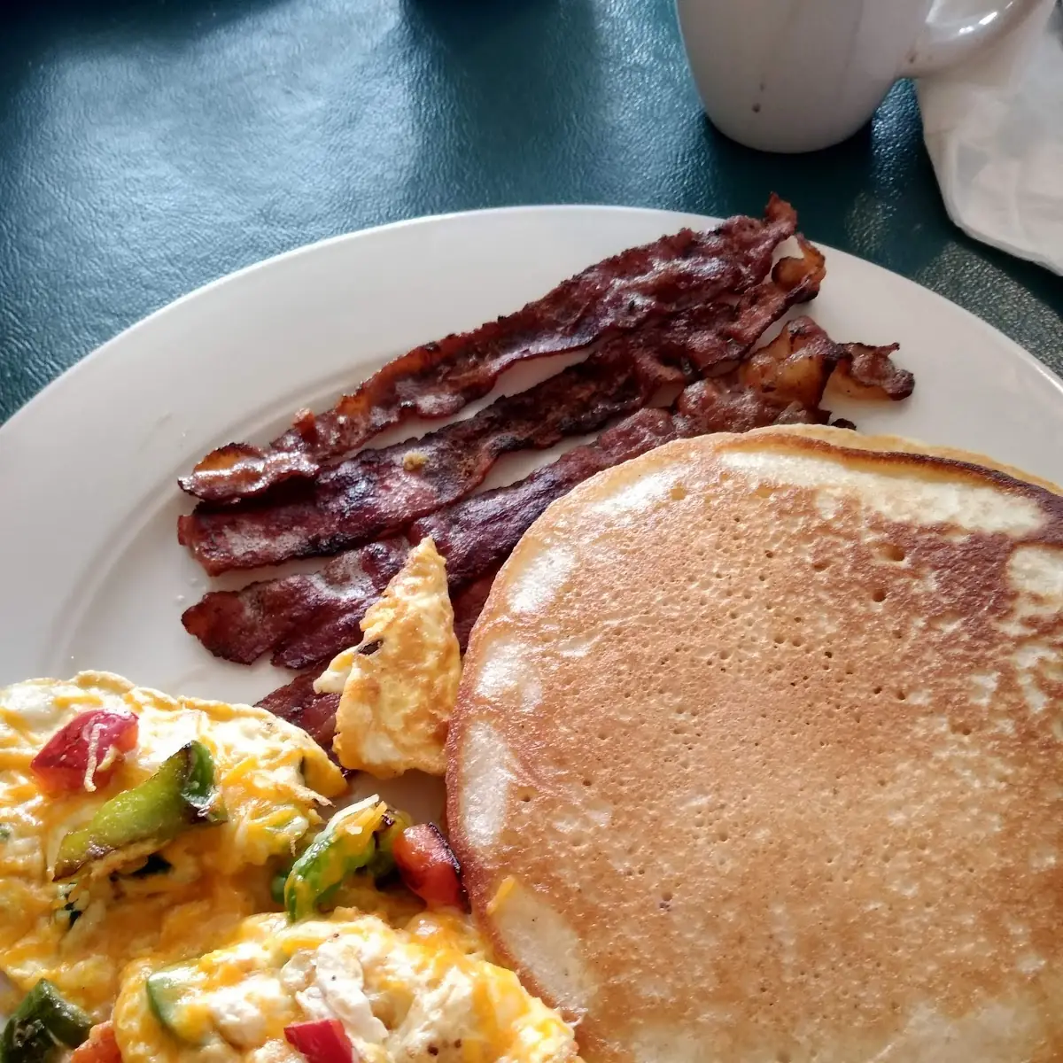 Farmer's Omelet with Extra Crispy Bacon and Pancakes
