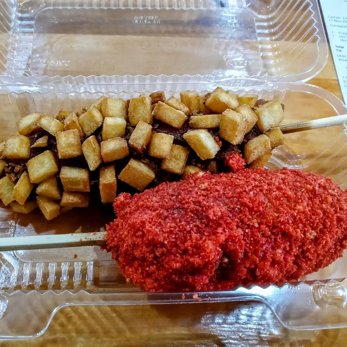 Korean Potato Crusted Corn Dog and Cheeto Dusted Cheese Corn Dog