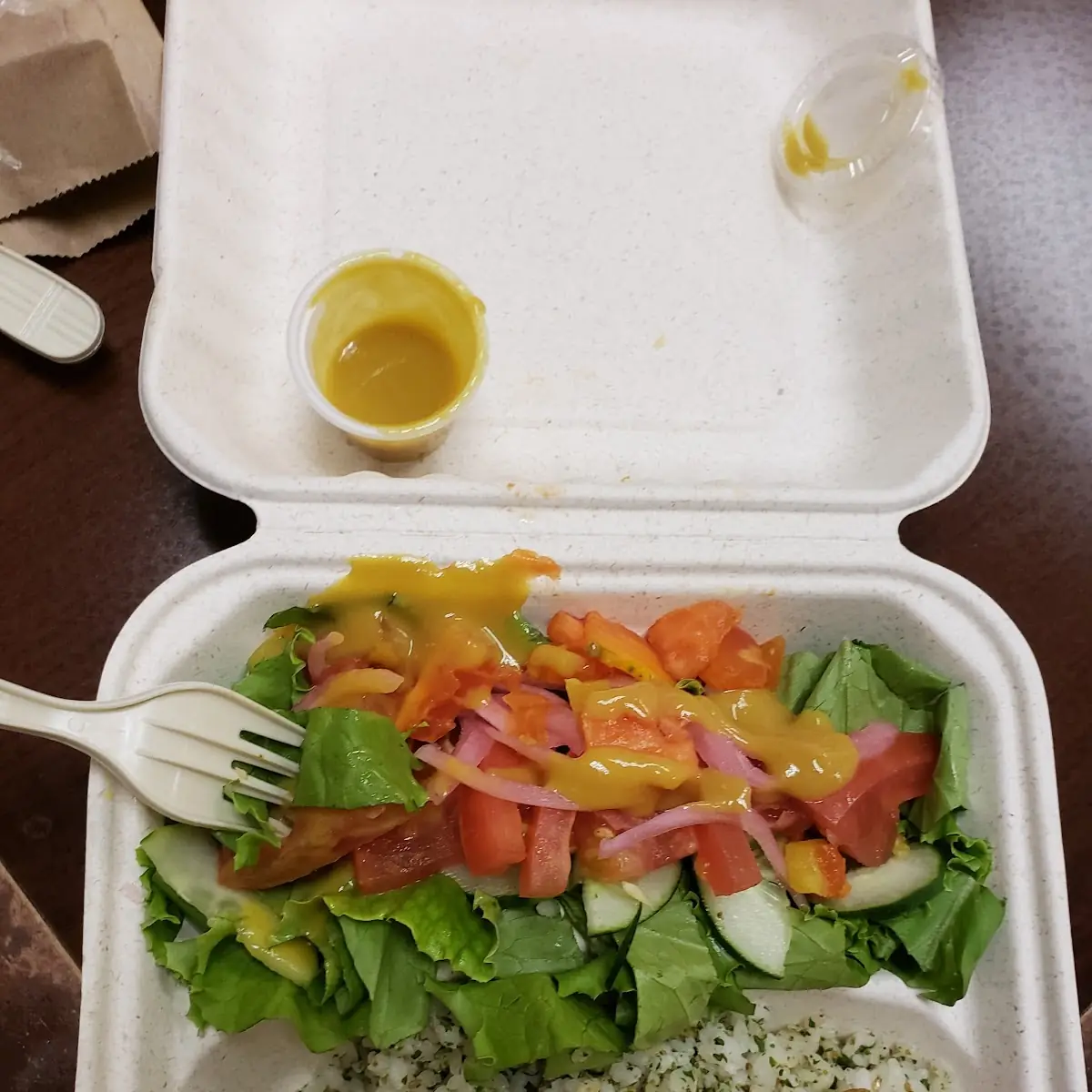Salmon with Guava Sauce Cilantro Rice and House Salad with Mango and Papaya Chunks