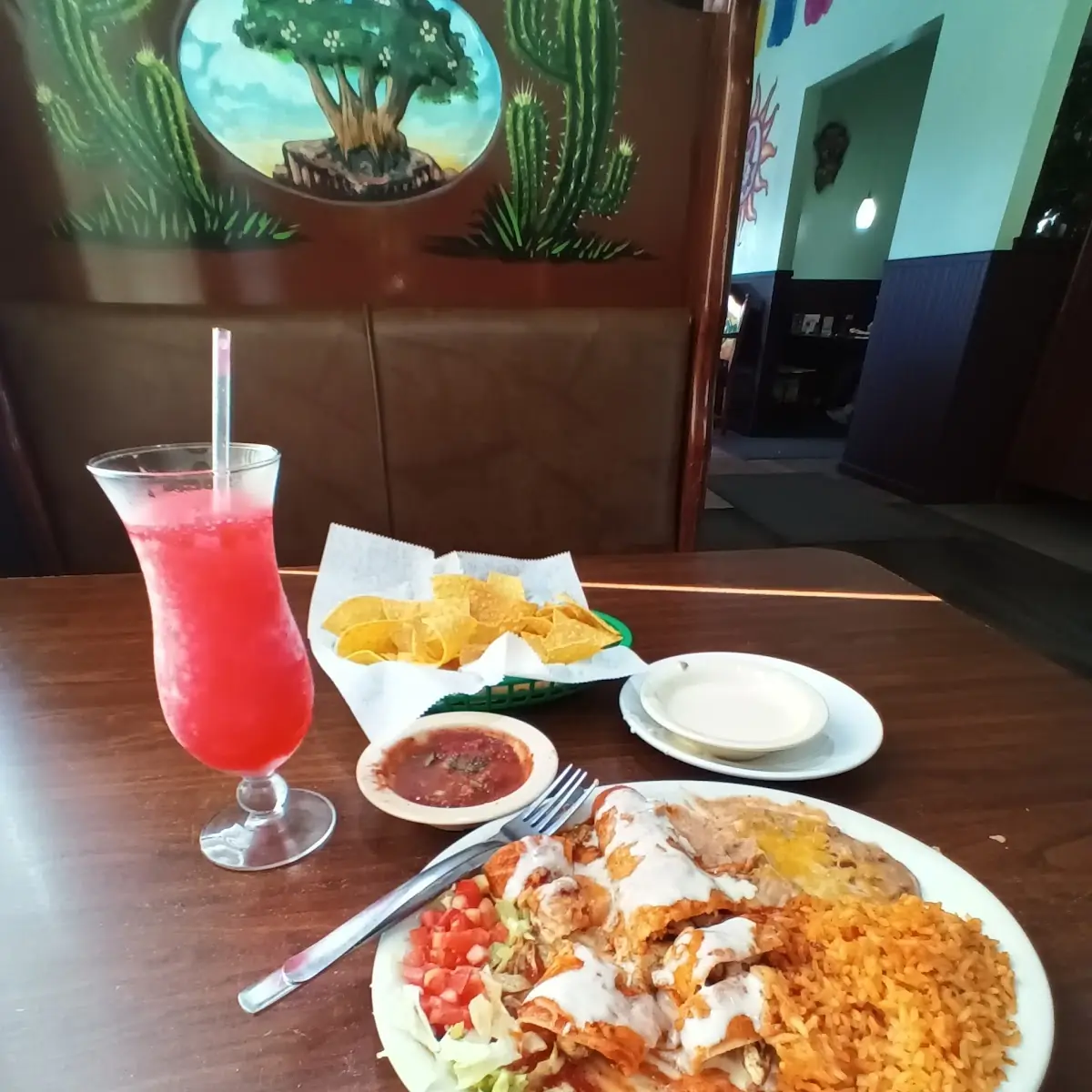 Chicken Enchiladas with Refried Beans and Rice