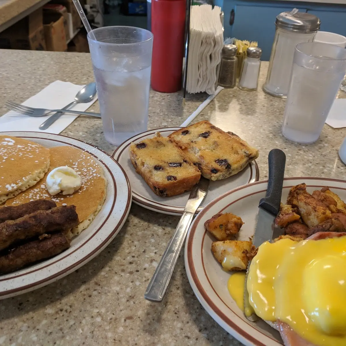 Eggs Benedict Grilled Blueberry Muffin and Pancakes