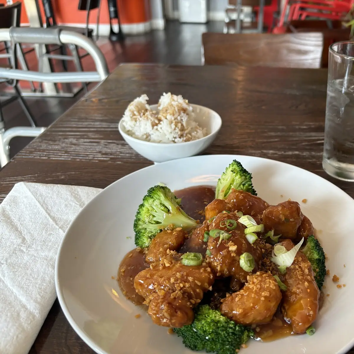 Sesame Chicken with Broccoli and White Rice