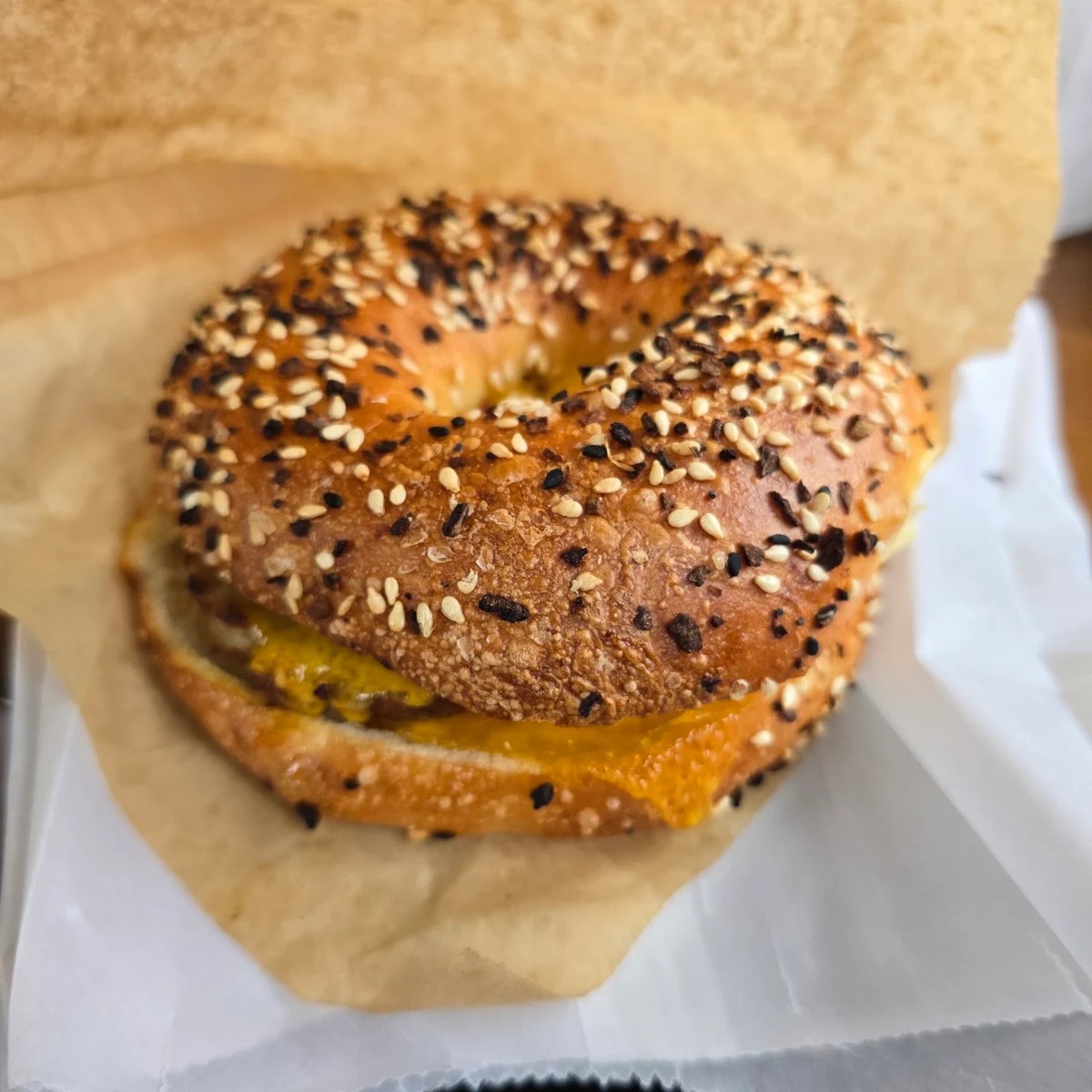 Sausage Egg and Cheese on an Everything Bagel