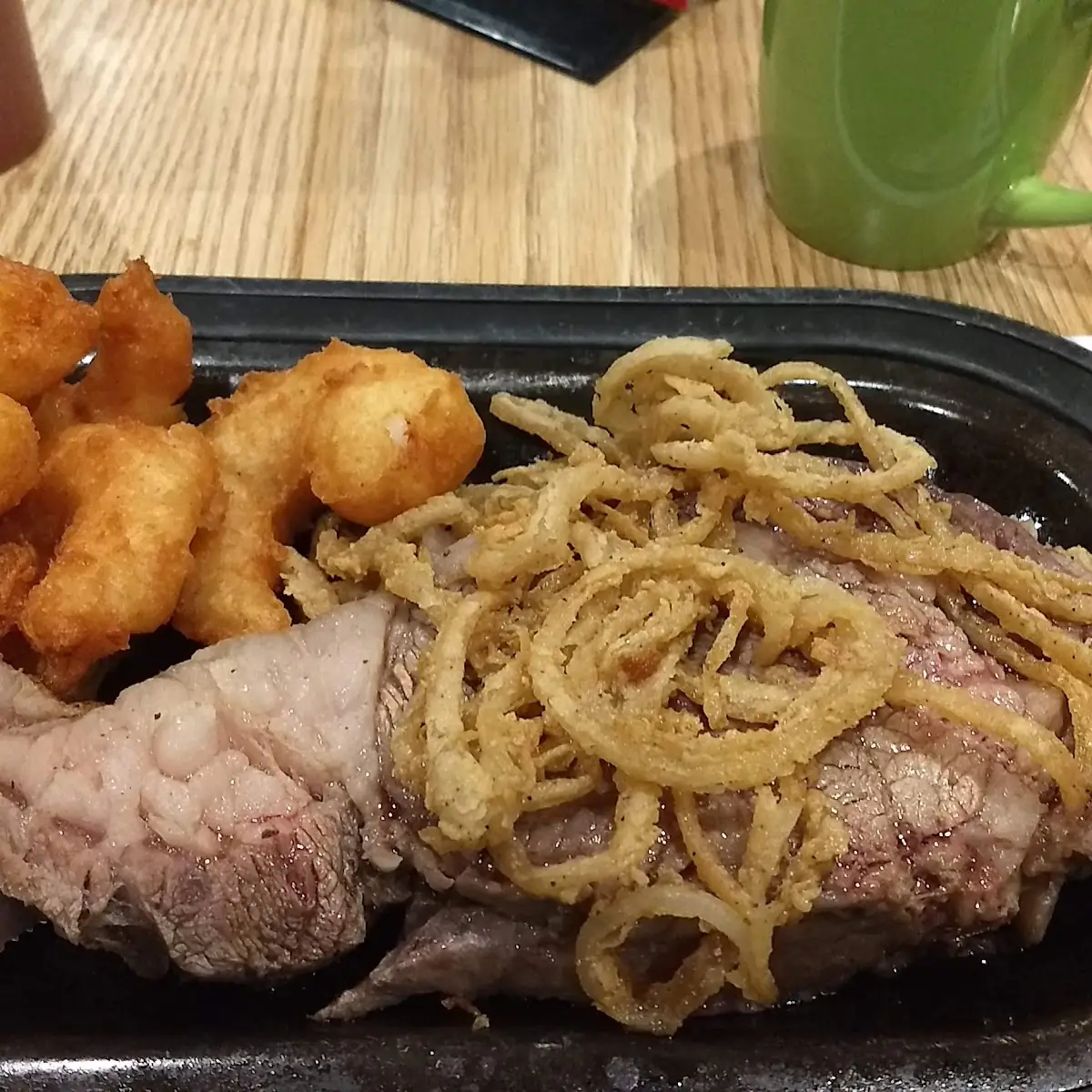 Prime Rib Haystack Onions on Top and Shrimp
