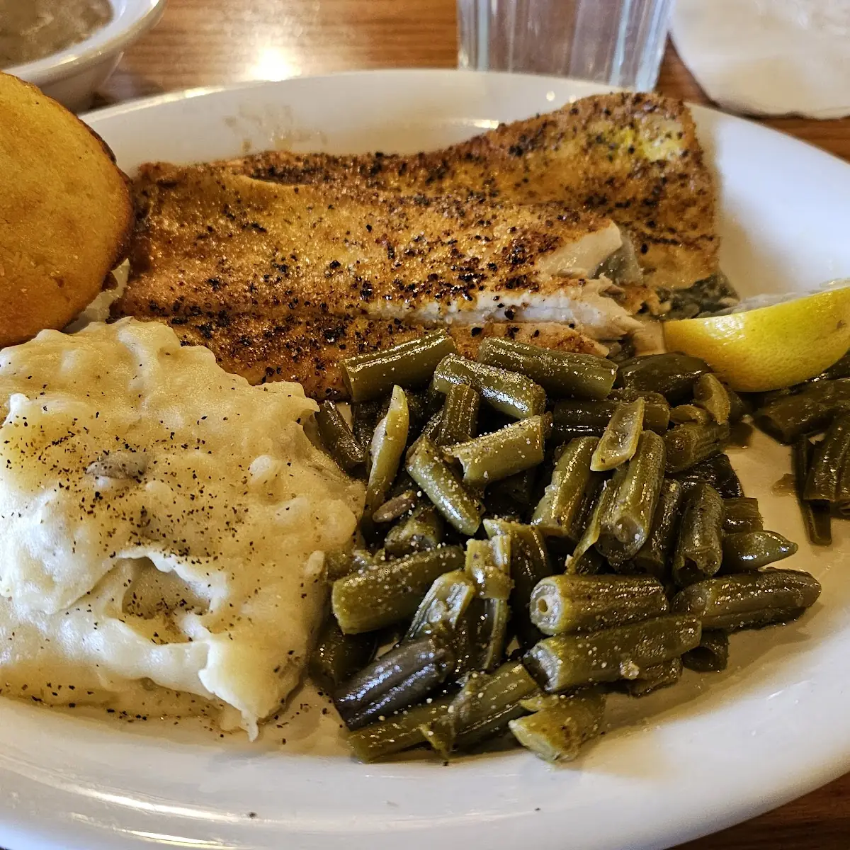Lemon Pepper Trout Green Beans Mashed Potatoes and Brown Gravy