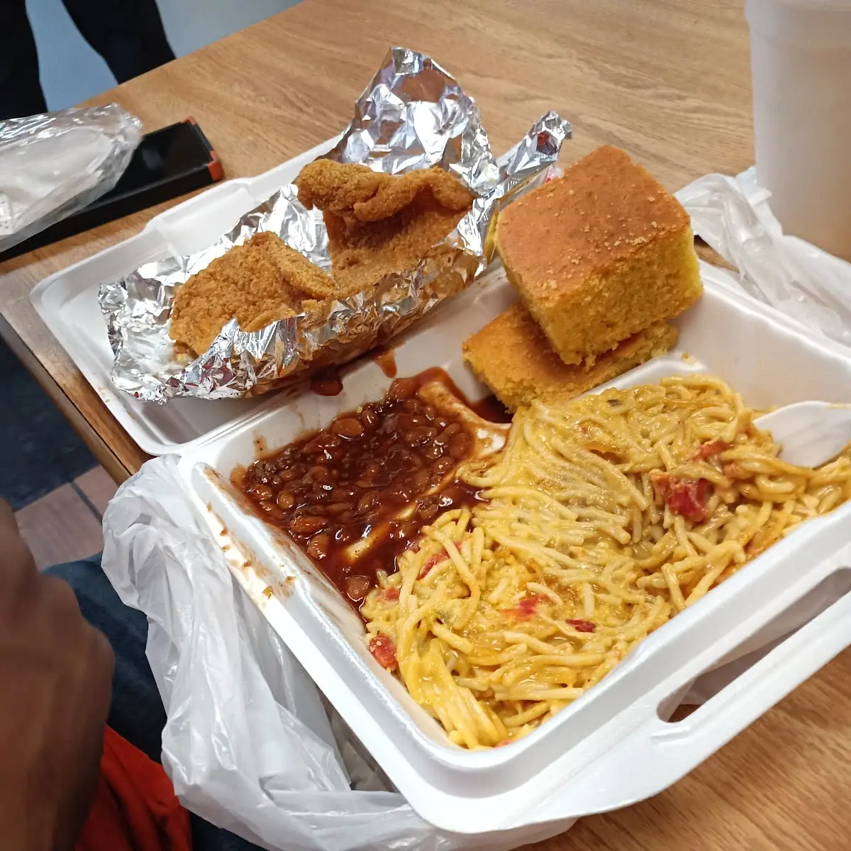 Chicken Spaghetti Fried Fish Swai Baked Beans Corn Bread