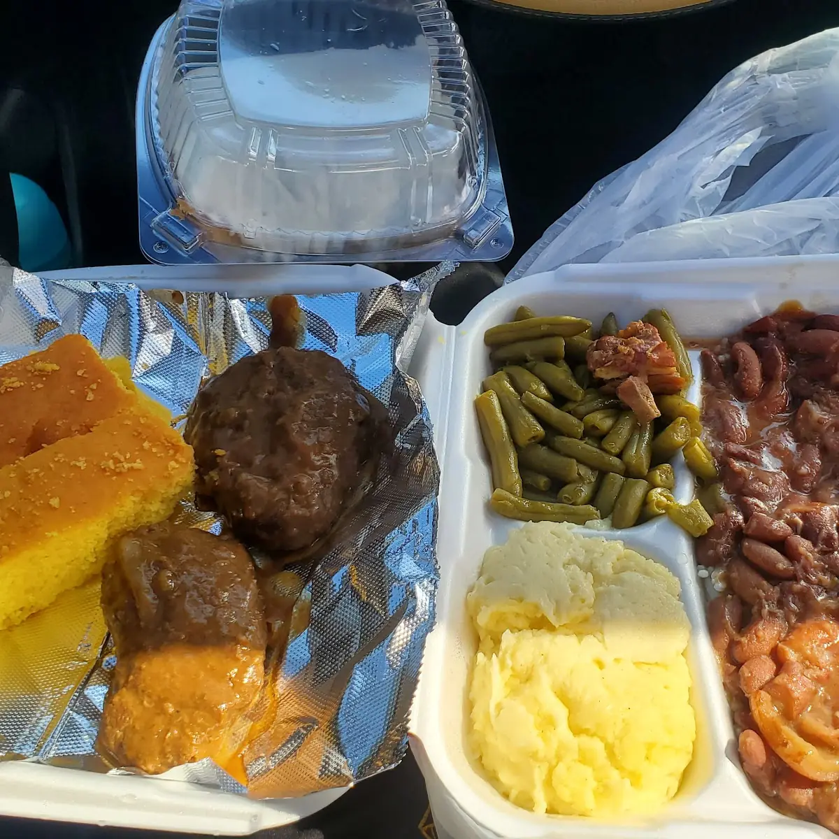 Cornbread Hamburger Steak Mashed Potatoes Red Beans & Rice Green Beans Honeybun Cake