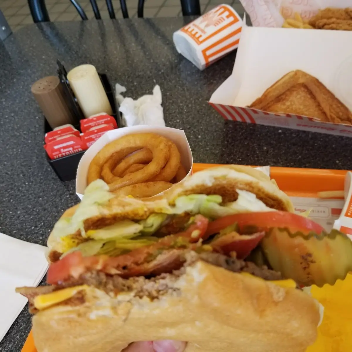 Beacon Cheese Burger with Jalapenos and Onions Rings