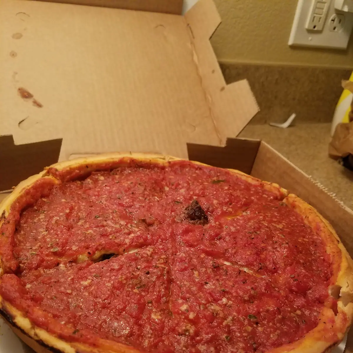 Deep Dish Cheese Pizza with Mushrooms and Tomatoes