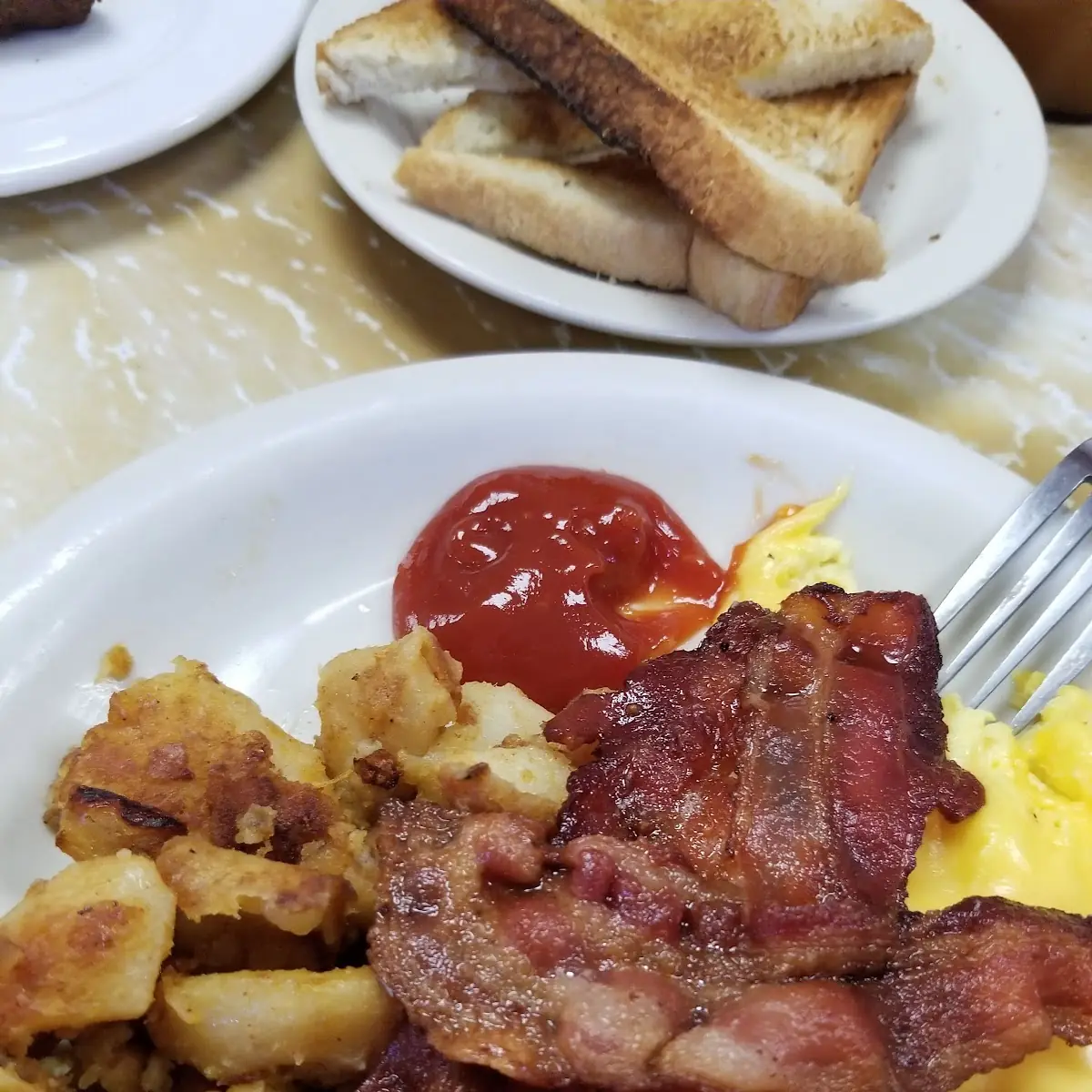 Bacon Egg and Cheese Hash Browns and Toast