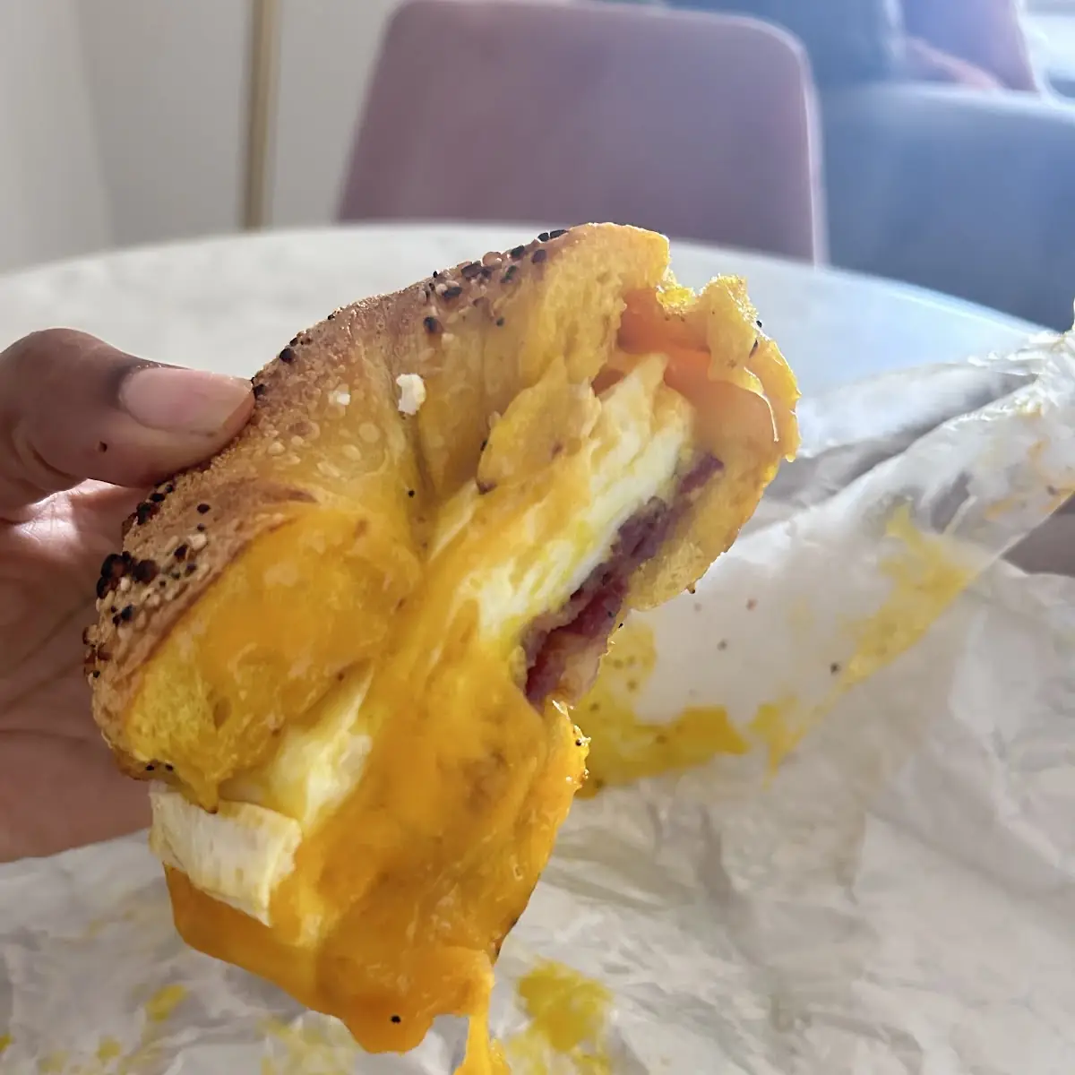 Egg Everything Bagel w Bacon Egg over Medium and Cheddar