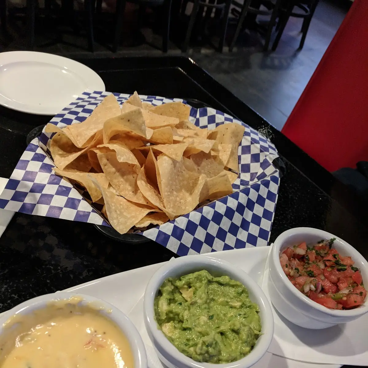 Chips with Guac Queso and Pico De Gallo