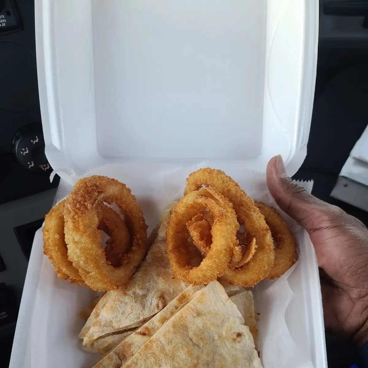 Chicken Quesadilla and Onion Rings