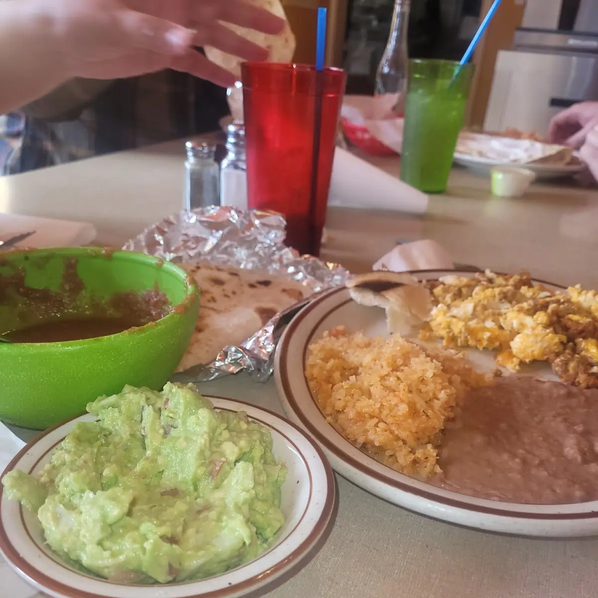Guacamole Chips Chorizo Eggs and Beans