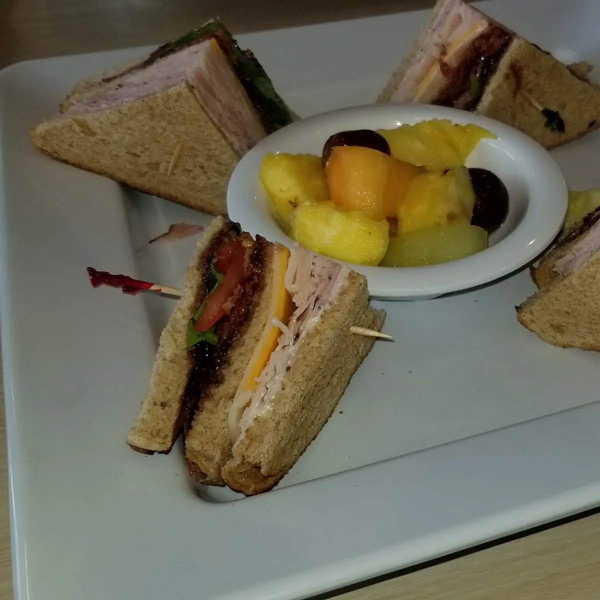 Bacon Ham and Cheese Sandwich with Fresh Fruit Salad