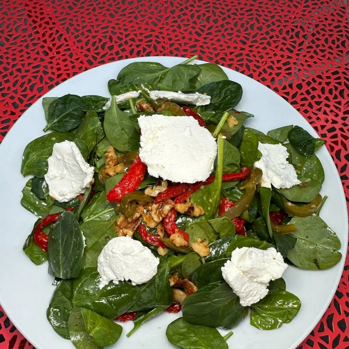 Baby Spinach Goat Cheese Marinated Sun-Dried Tomatoes Walnuts Roast Peppers