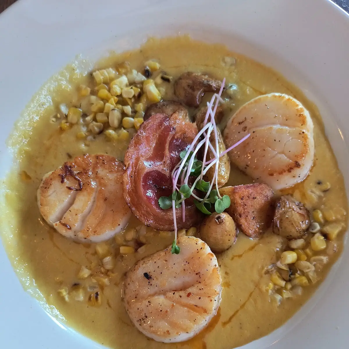 Pan Seared Scallops in Corn Bisque with Fingerling Potatoes