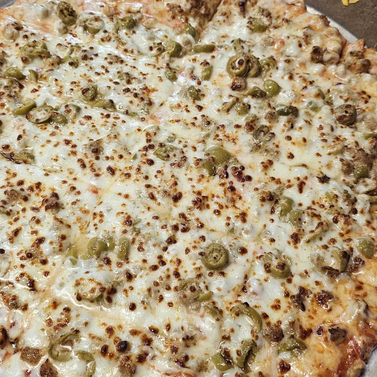Sausage and Cheese and Olive Pizza
