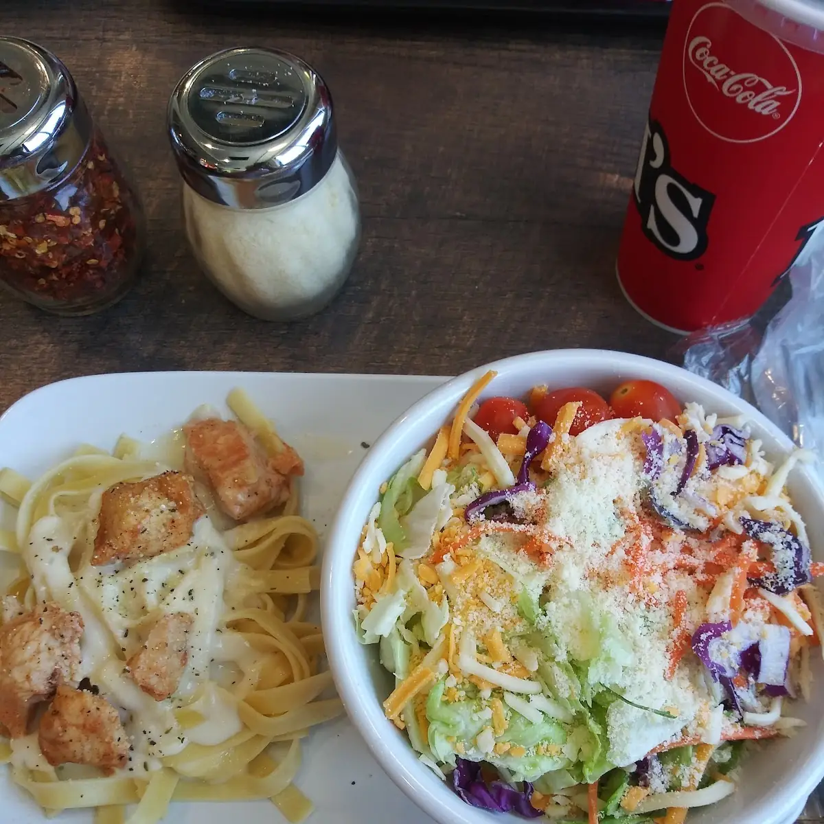 Chicken Alfredo Pasta with Salad and Garlic Bread