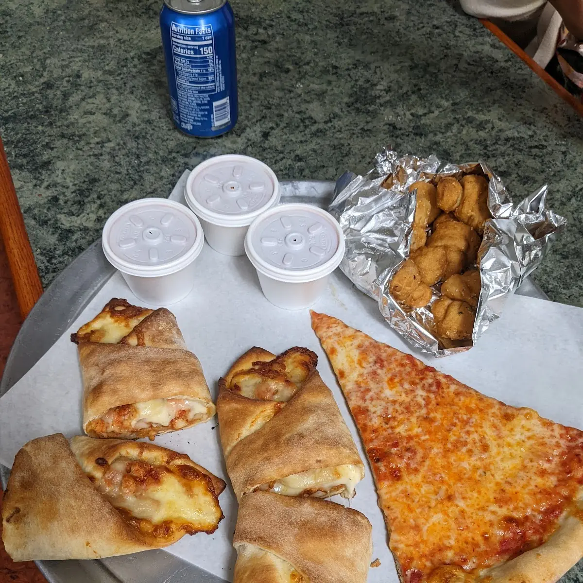 Chicken Roll and Cheese Pizza Slice