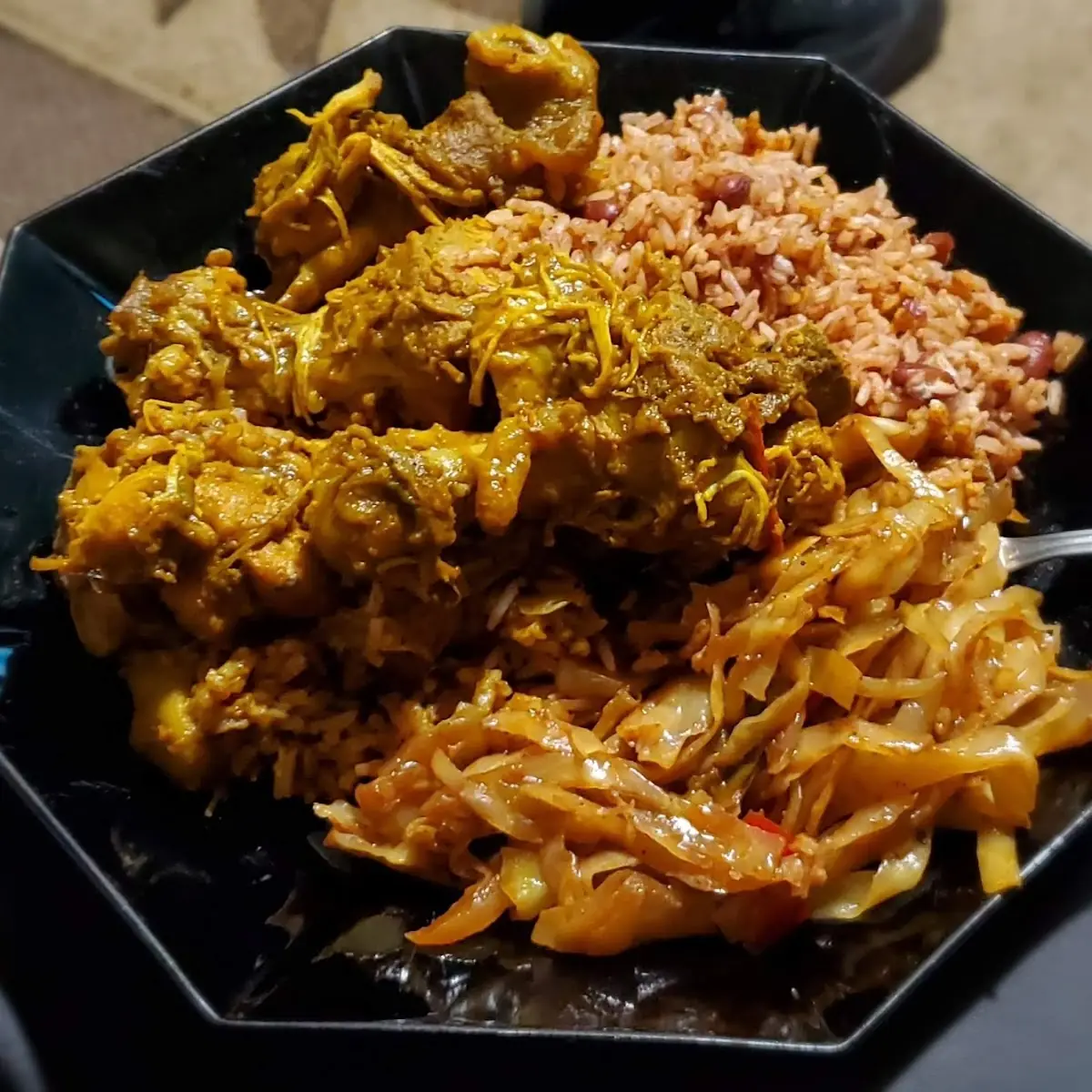 Curry Chicken with Rice& Beans and Cabbage