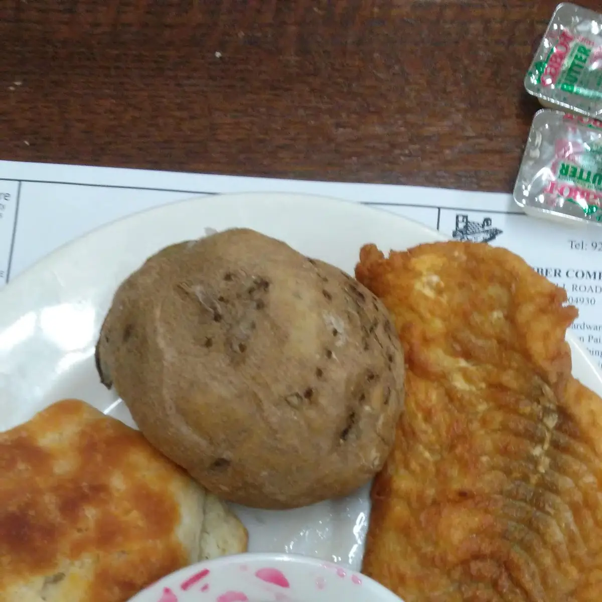 Baked Potato Lite Serving Fried Haddock Biscuit and Pickled Beets