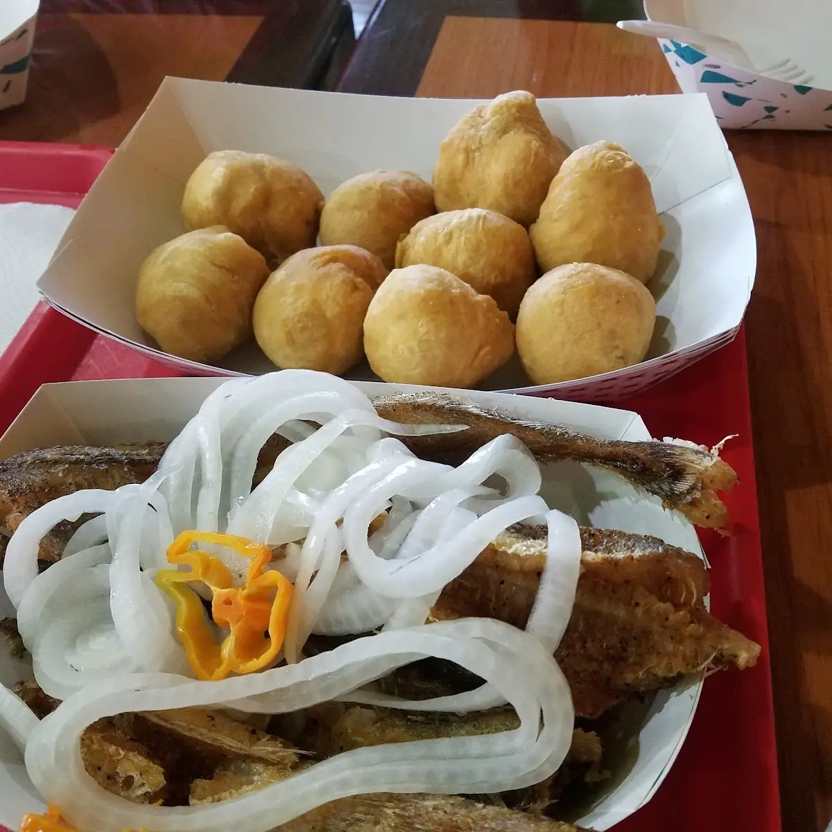 Dumpling and Fried Whiting with Pickled Onions