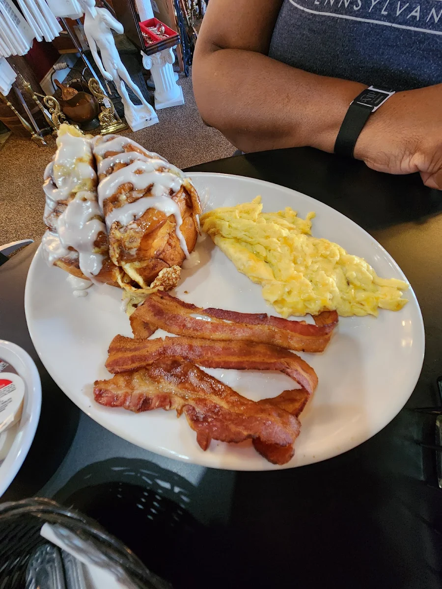 Cinnamon Roll French Toast Scrambled Eggs and Bacon