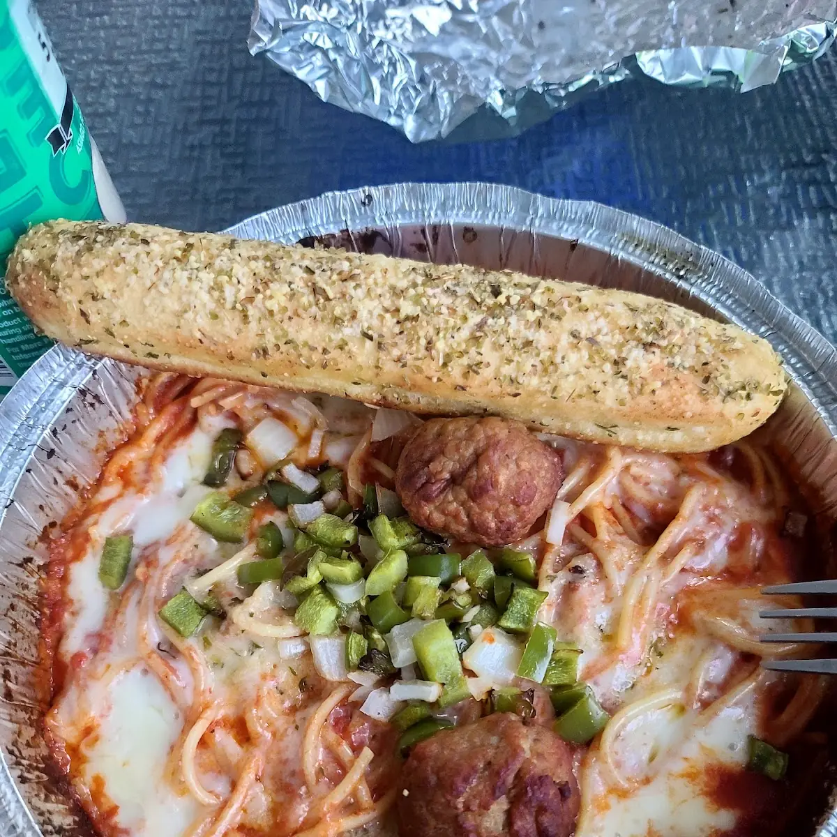 Baked Spaghetti with Meatballs Added Green Pepper Onion & Mushrooms