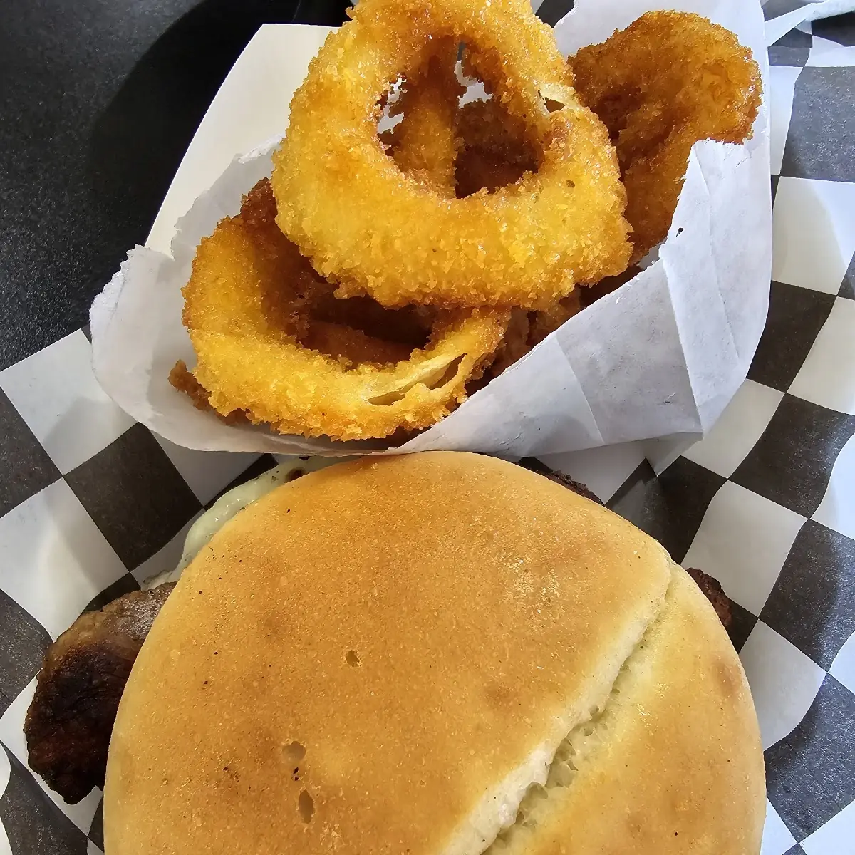 Burger and Onion Rings