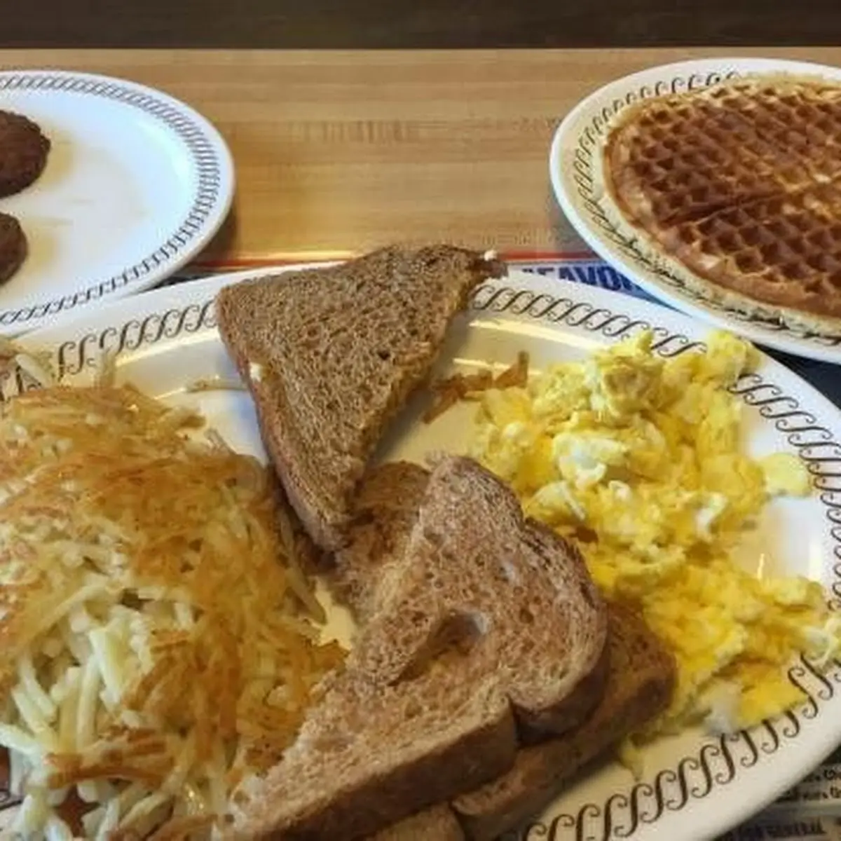 Sausage Hash Brown Waffles and Cheese Eggs