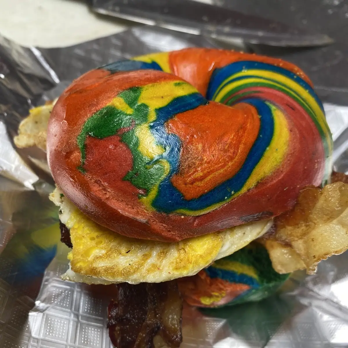 Rainbow Bagel Breakfast Sandwich