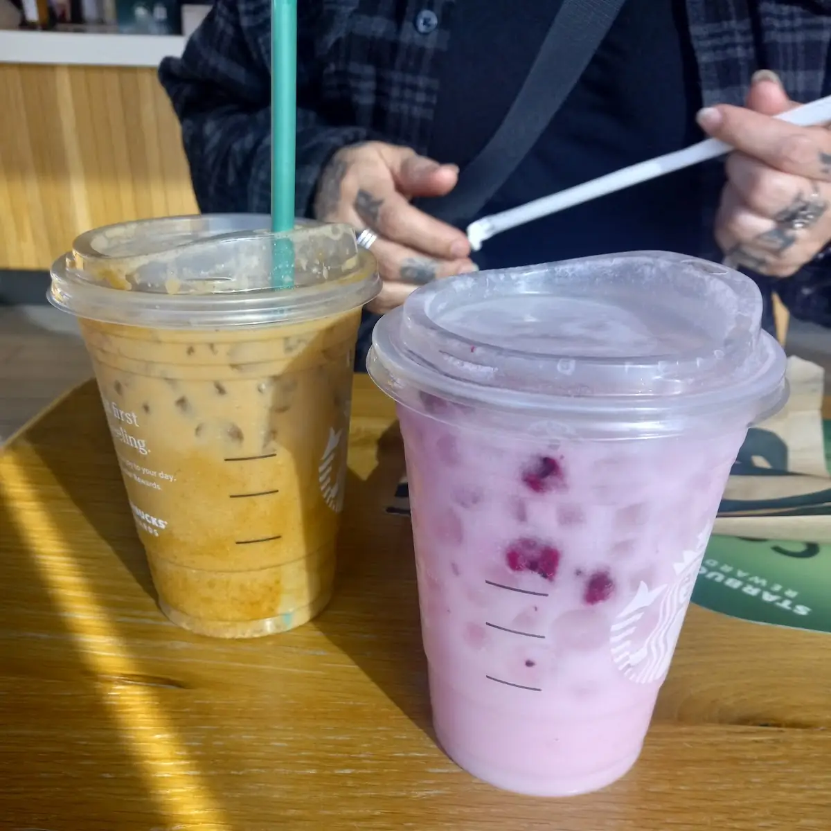 Mango Dragon Fruit with Coconut Milk Refresher and Pistachio Latte