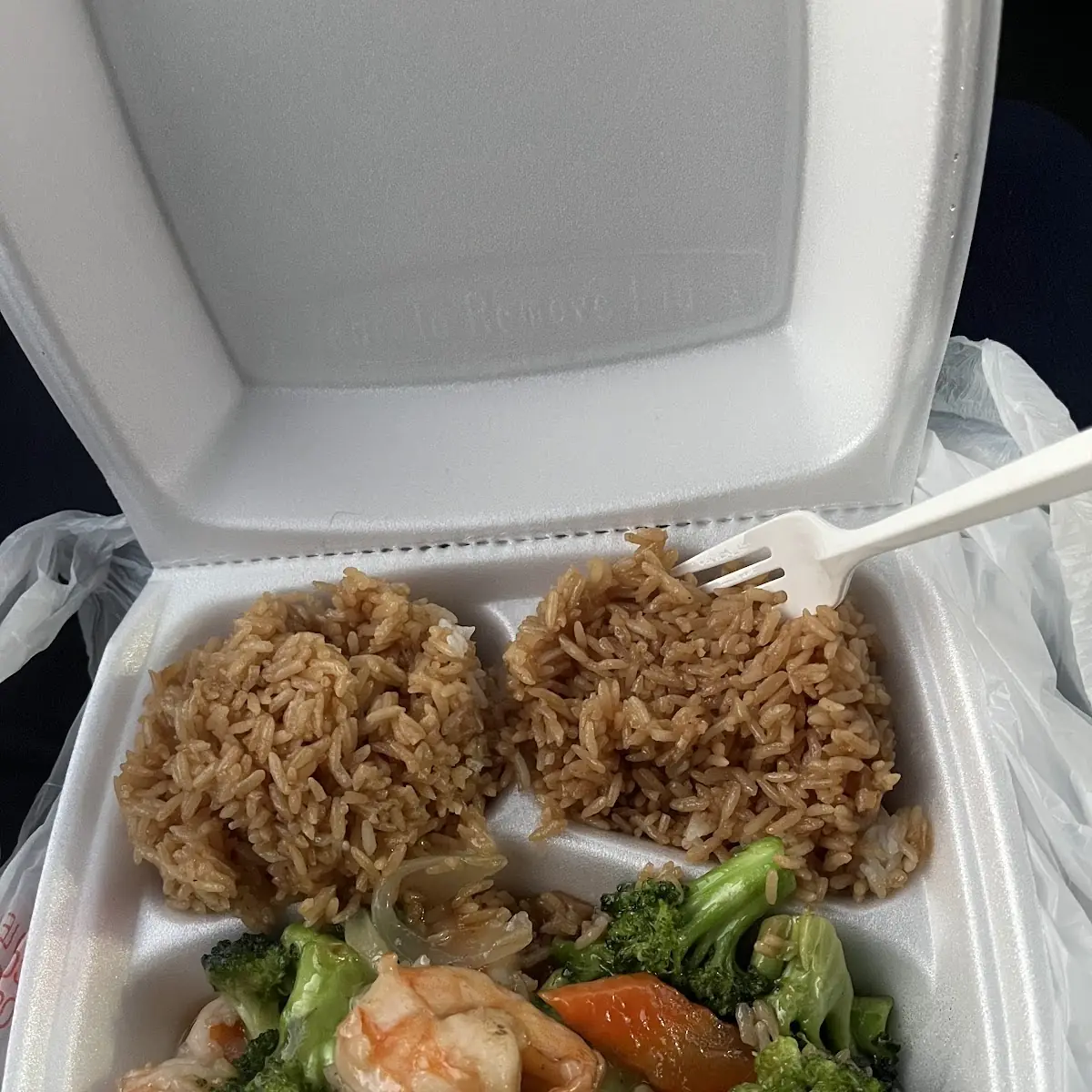 Shrimp and Broccoli on White Sauce with Fried Rice