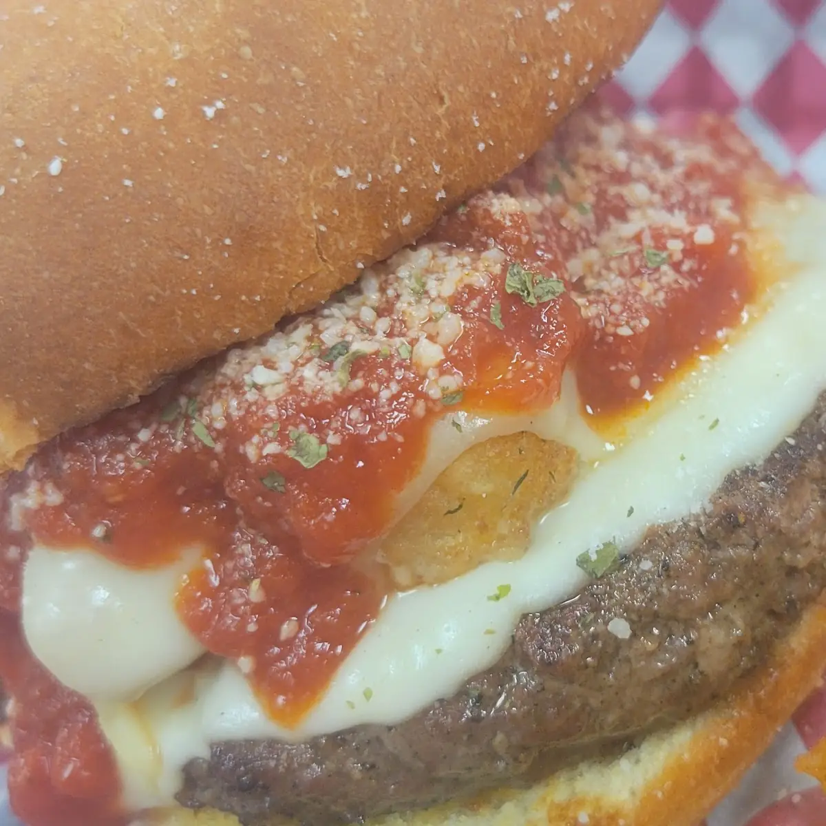 Knucklehead Burger Topped w Fried Mozzarella Sticks and Marinara