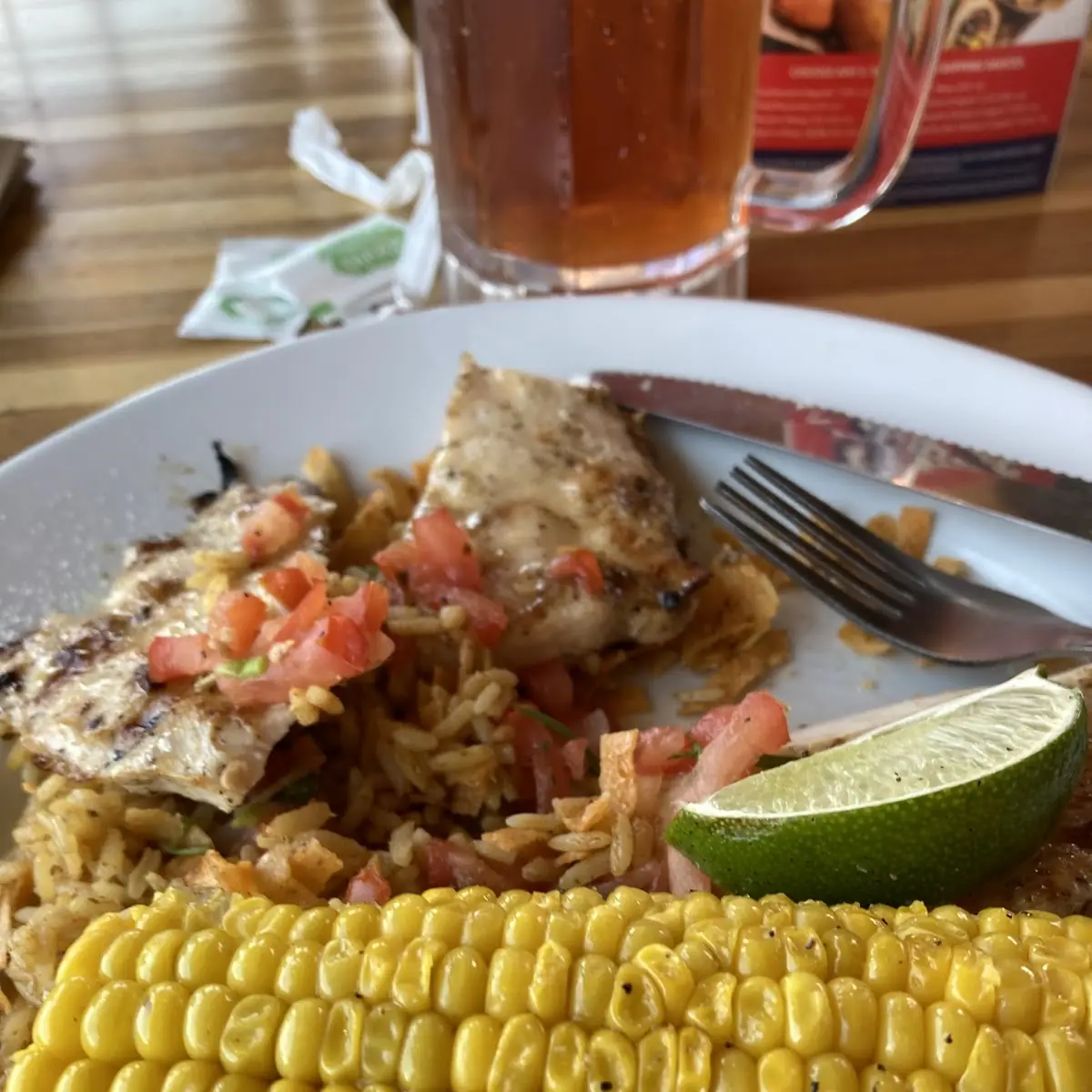Roasted Chicken with Mexican Rice Chips Pico De Gallo & Corn on the Cob