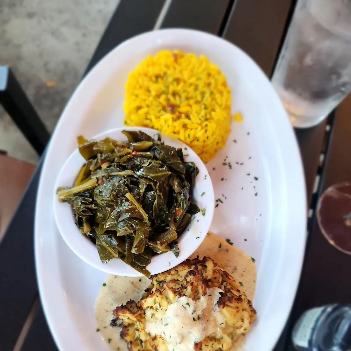 Crab Cake Everything Greens and Yellow Rice