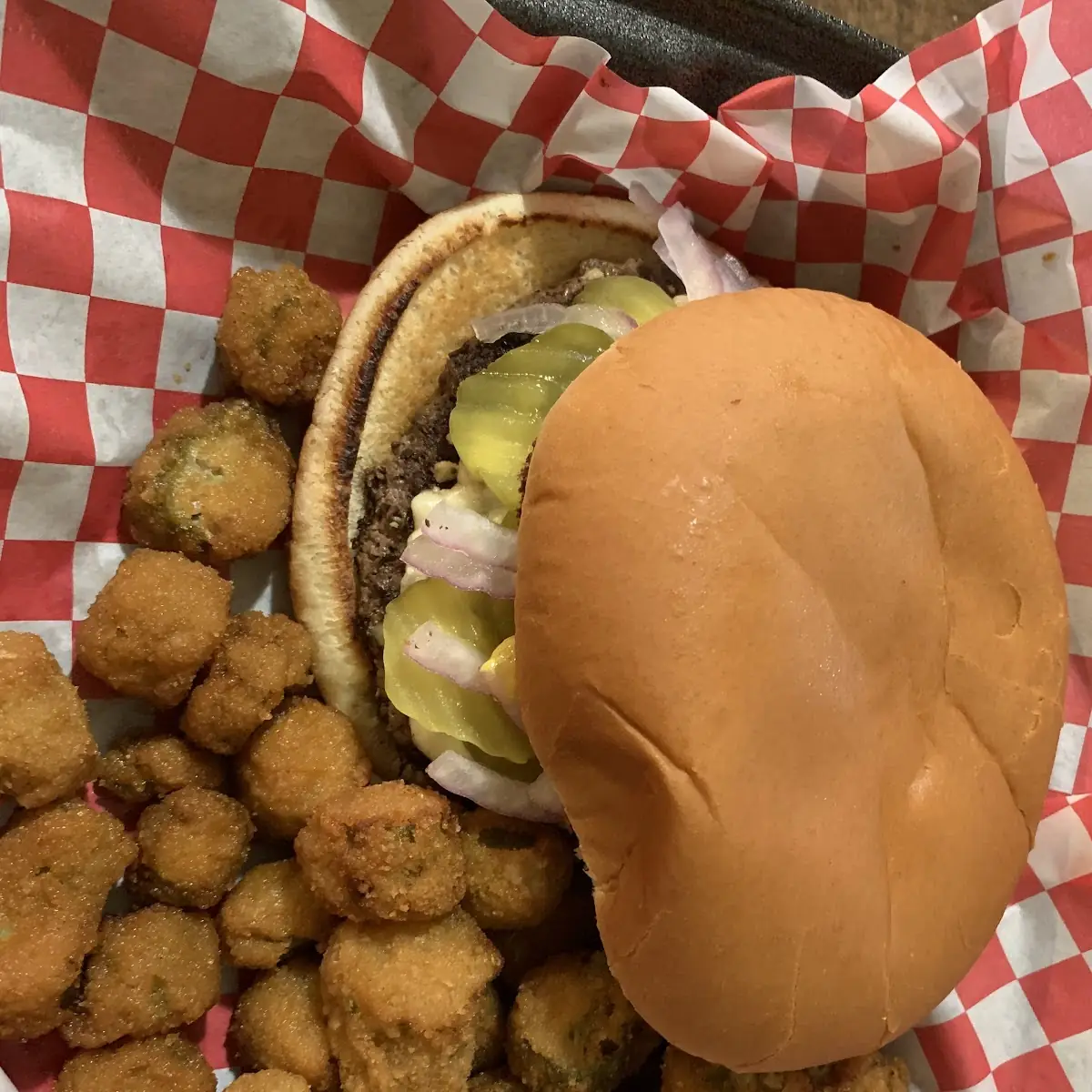 Blue Cheese Burger with Fried Okra