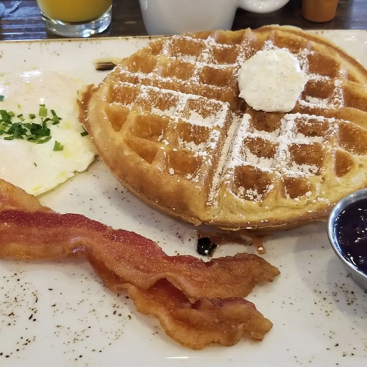 Trifecta Breakfast with Belgian Waffle Cheesy Scrambled Eggs and Chicken Sausage Patty