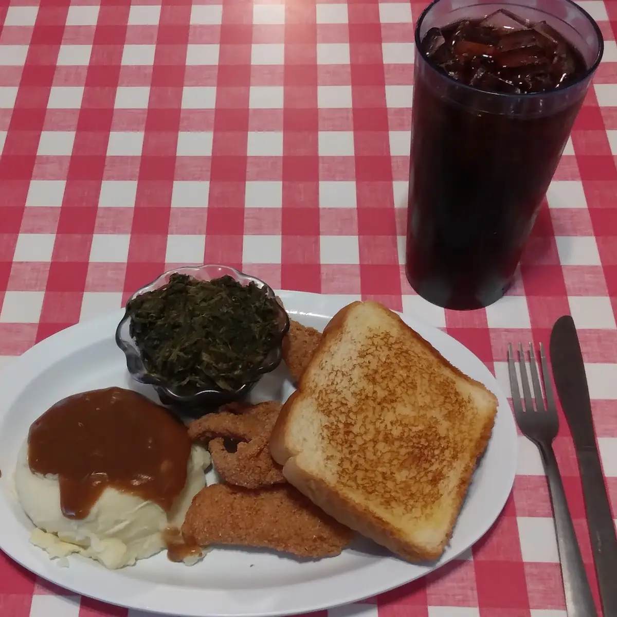 4 PC Catfish Dinner with Mashed Potatoes and Greens