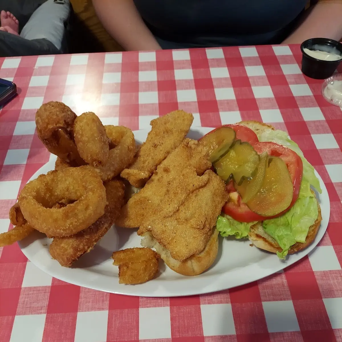 Catfish Sandwich with Onion Rings