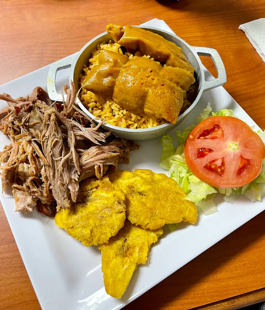 White Rice Beans Fried Plantains and Pulled Pork